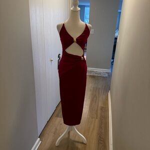 JLUXLABEL Burgundy Cutout Midi Dress with Gold Rings